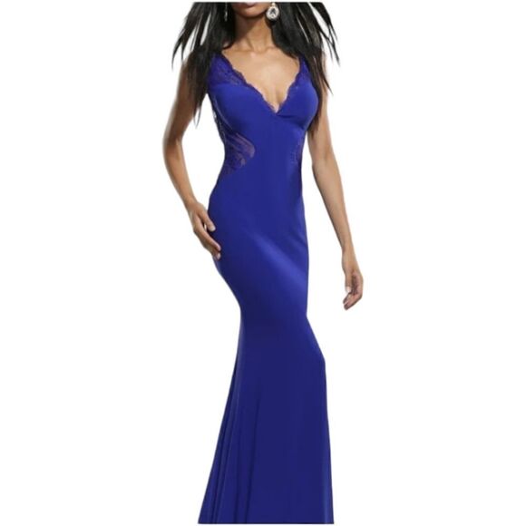 Xcite Womens Formal Royal Blue Evening Dress Size 8 Open Back Split Hem Lacy - Picture 2 of 14